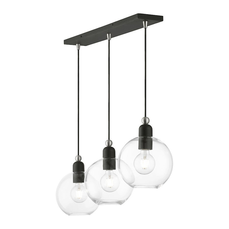 Livex Downtown 3 Light Sphere Linear Chandelier, Black/Nickel/Clear