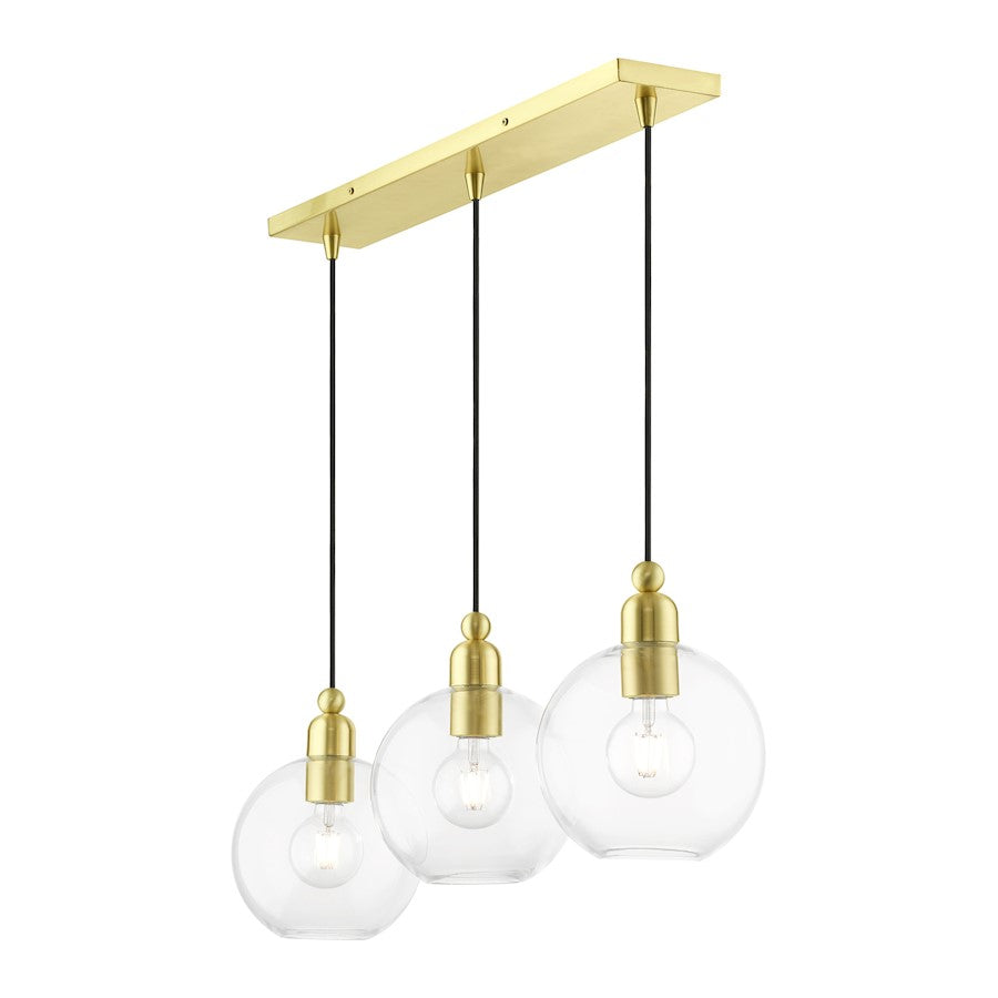 Livex Downtown 3 Light Sphere Linear Chandelier, Satin Brass/Clear