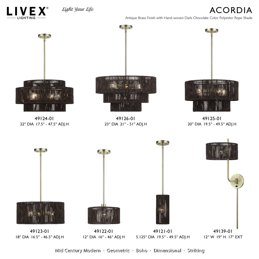 Livex Acordia 1Lt Pendant, Brass/Dark Chocolate Color Polyester Rope