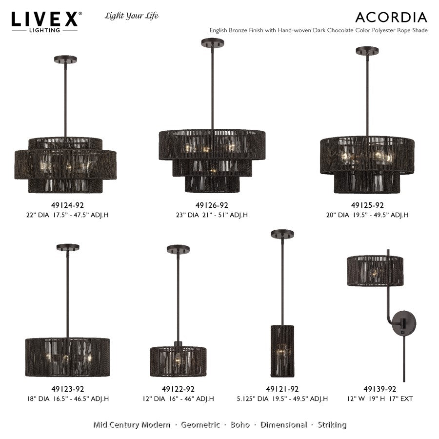 Livex Acordia 1Lt Pendant, Bronze/Dark Chocolate Color Polyester Rope