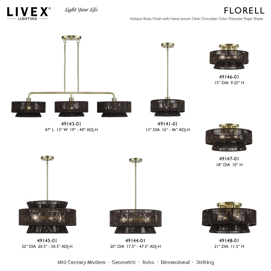 Livex Florell 3Lt 9" Semi-Flush, Brass/Chocolate Polyester