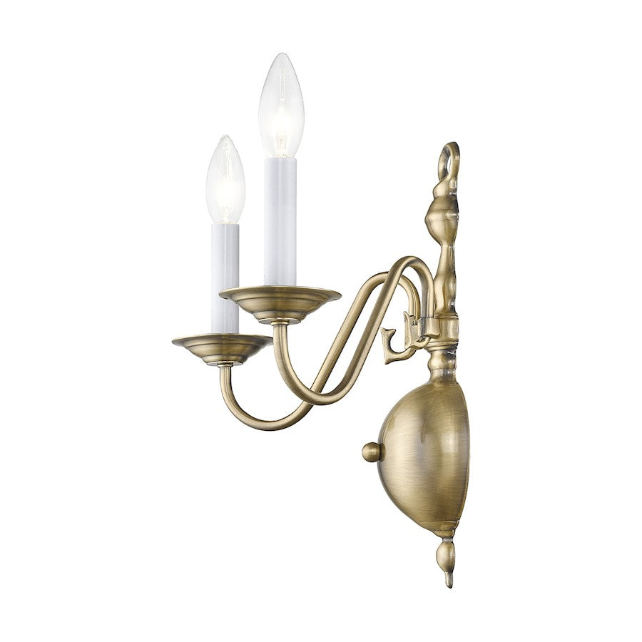Livex Lighting Williamsburg 13in 2-Light Wall Sconce | Traditional Antique Brass | Bedroom & Hallway Accent Light | 13 x 6.5 x 15 in | Model 5002-01