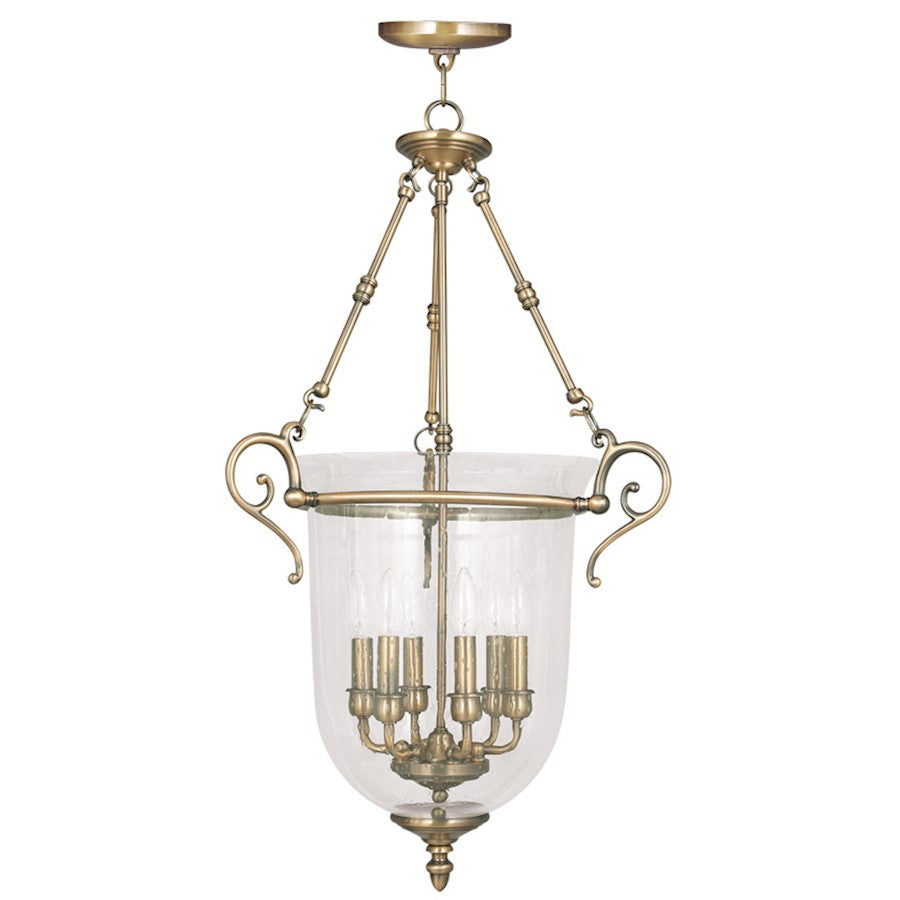 Livex Legacy 6 Light Chain Lantern, Antique Brass/Clear Seeded