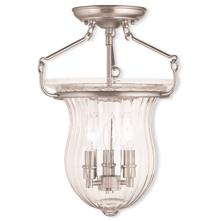 Livex Andover 3 Light Ceiling Mount, Nickel/Hand Crafted Fluted Clear