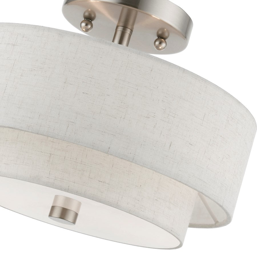 Livex Meridian 2 Light 11" Semi-Flush, Nickel/Oatmeal/White Fabric