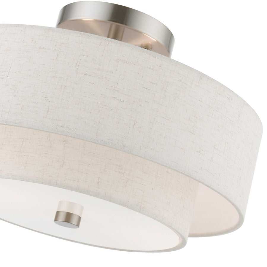 Livex Meridian 2 Light 13" Semi-Flush, Nickel/Oatmeal/White Fabric
