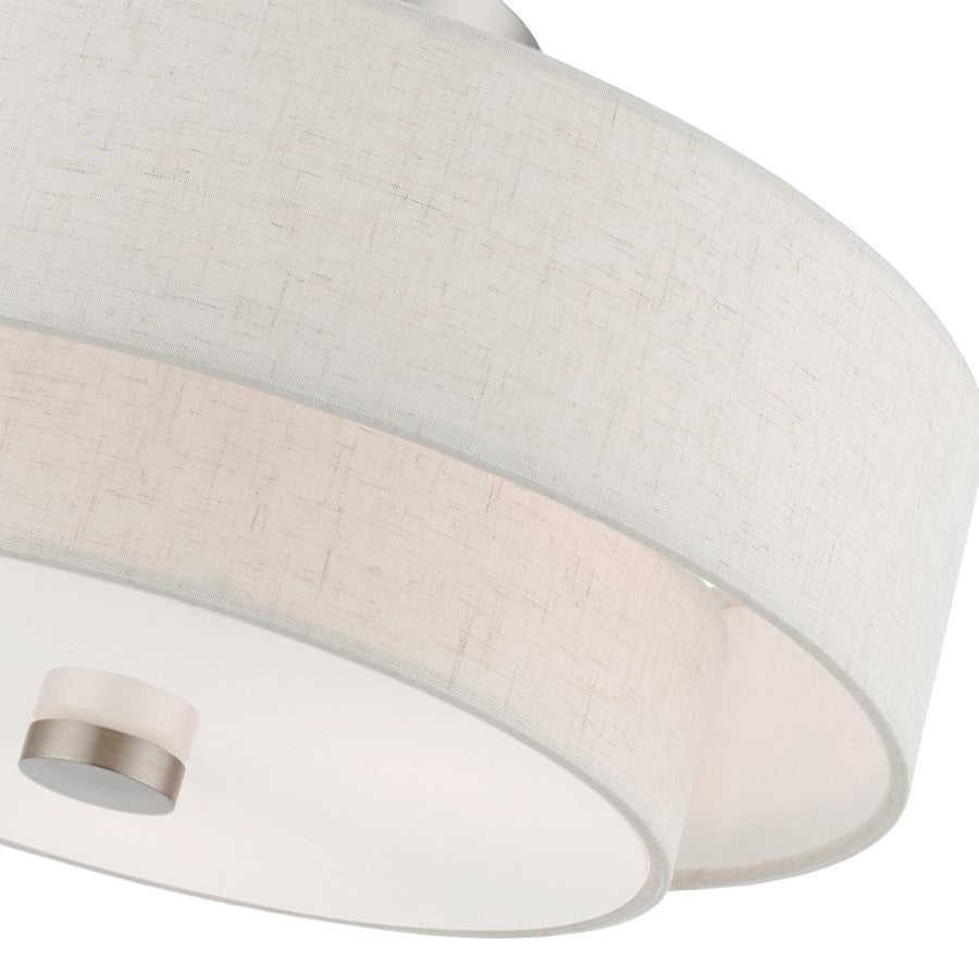 Livex Meridian 3 Light Semi-Flush, Nickel/Oatmeal/White Fabric