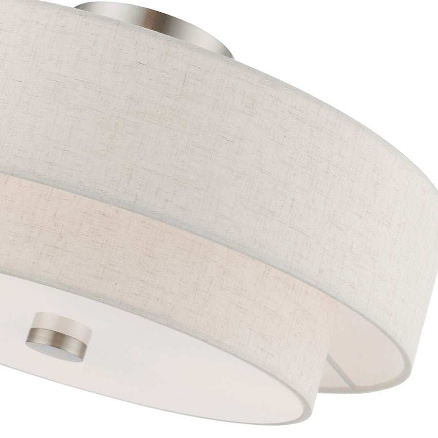Livex Meridian 4 Light Semi-Flush, Nickel/Oatmeal/White Fabric
