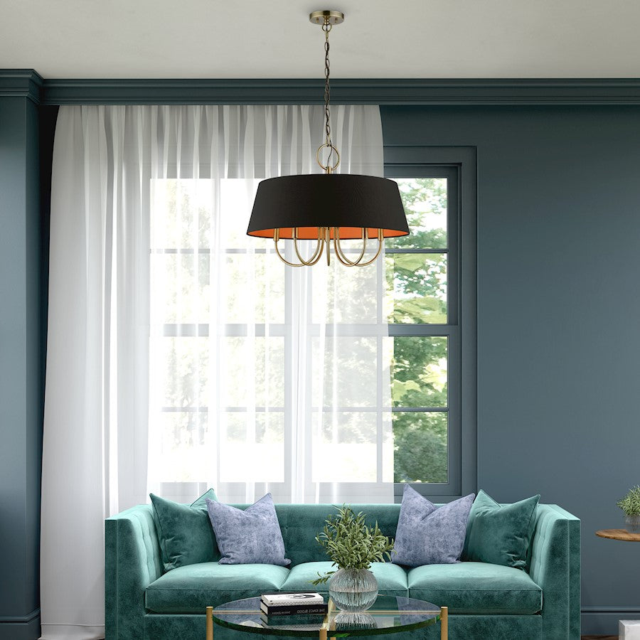 Livex Palma 5 Light Pendant Chandelier, Brass/Black/Orange Fabric