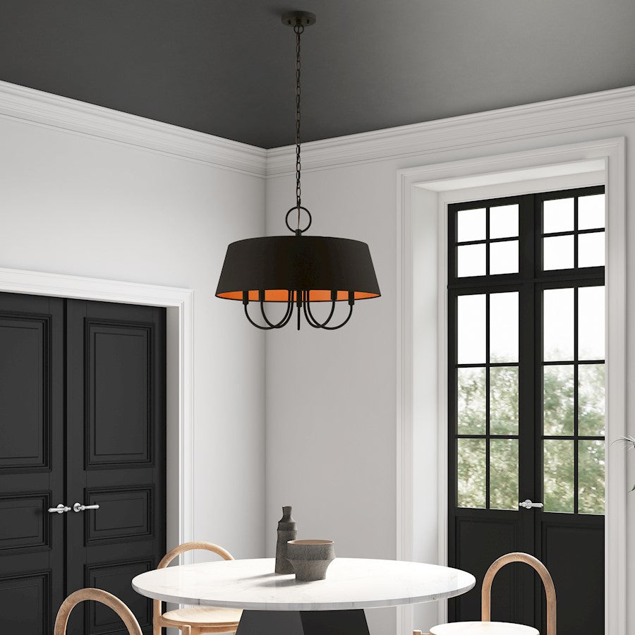 Livex Palma 5 Light Pendant Chandelier, Black/Black/Orange Fabric