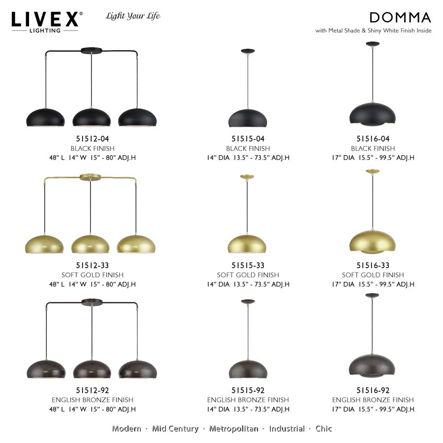 Livex Domma 1Lt 14" Dia Pendant, Bronze/Brass/Bronze/White