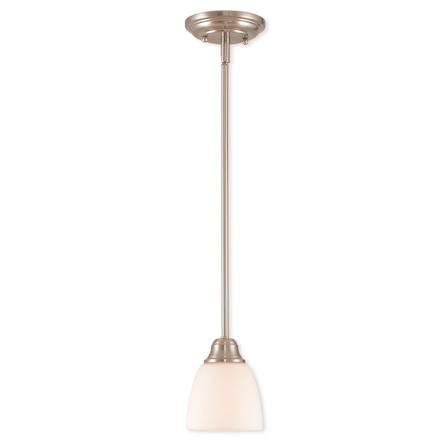 Livex Somerville 1 Light Mini Pendant, Nickel/Satin Opal White