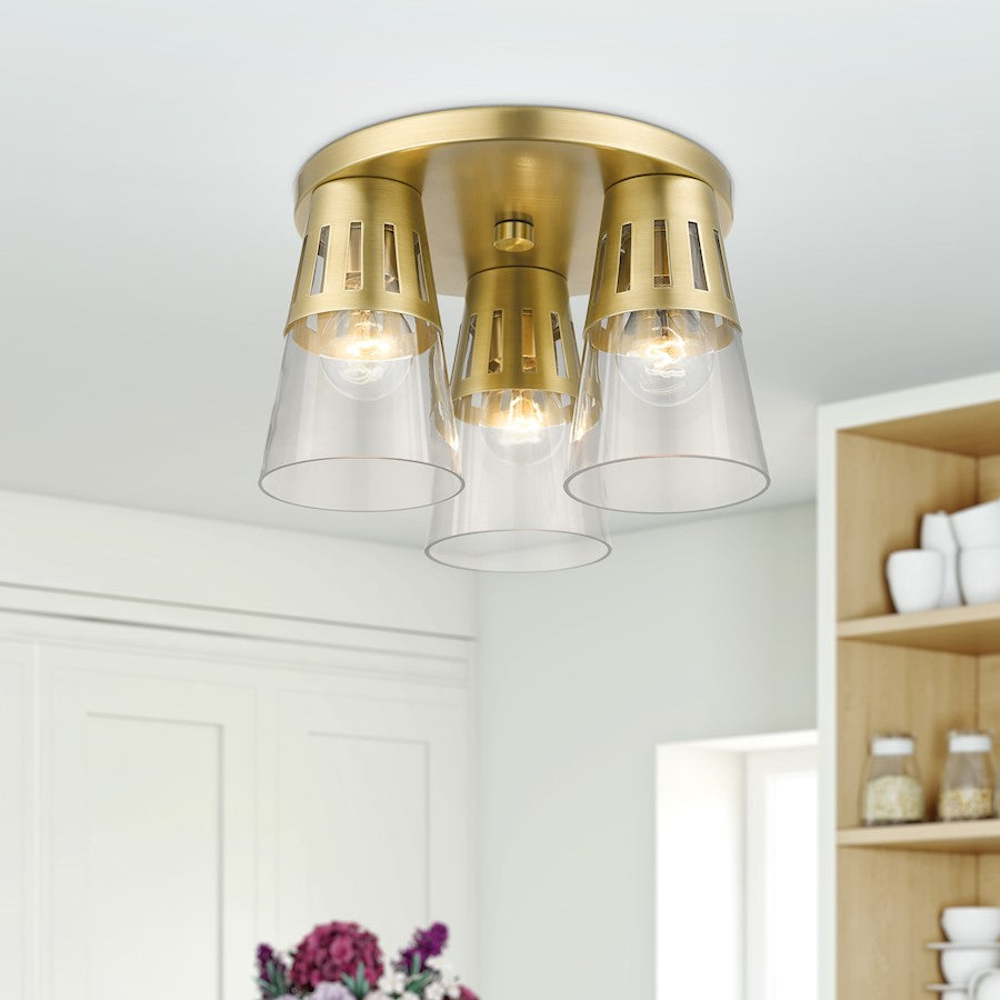 Livex Bennington 3 Light Flush Mount, Natural Brass/Clear