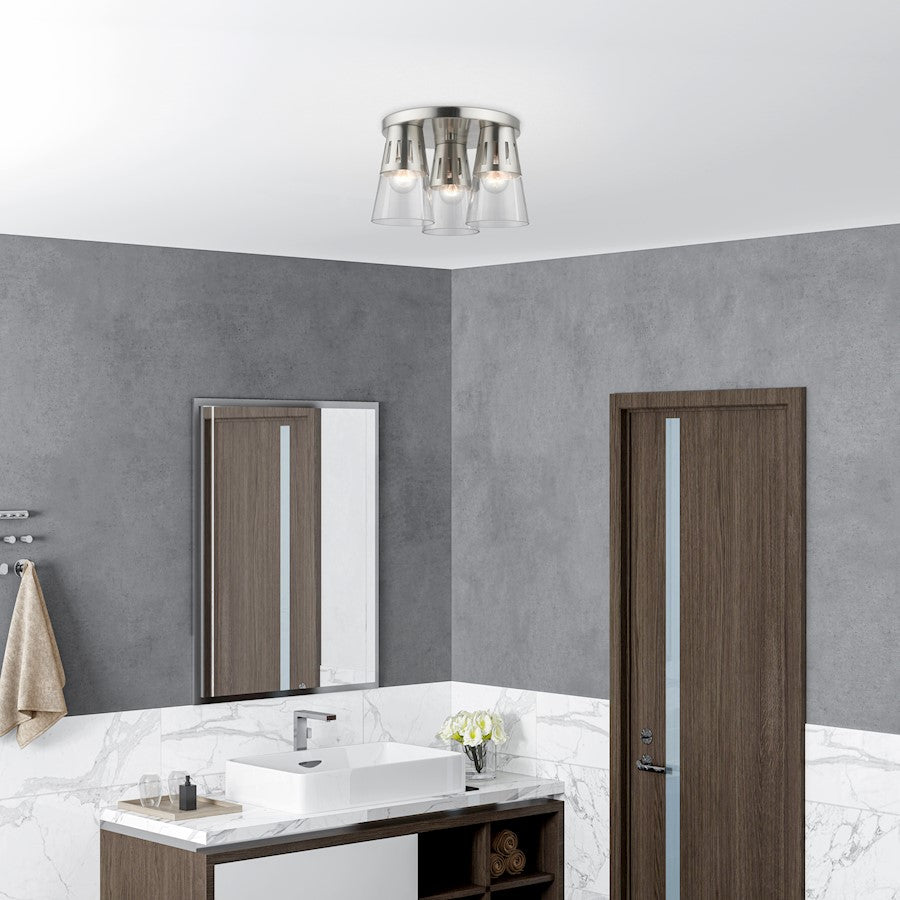 Livex Bennington 3 Light Flush Mount, Nickel/Clear