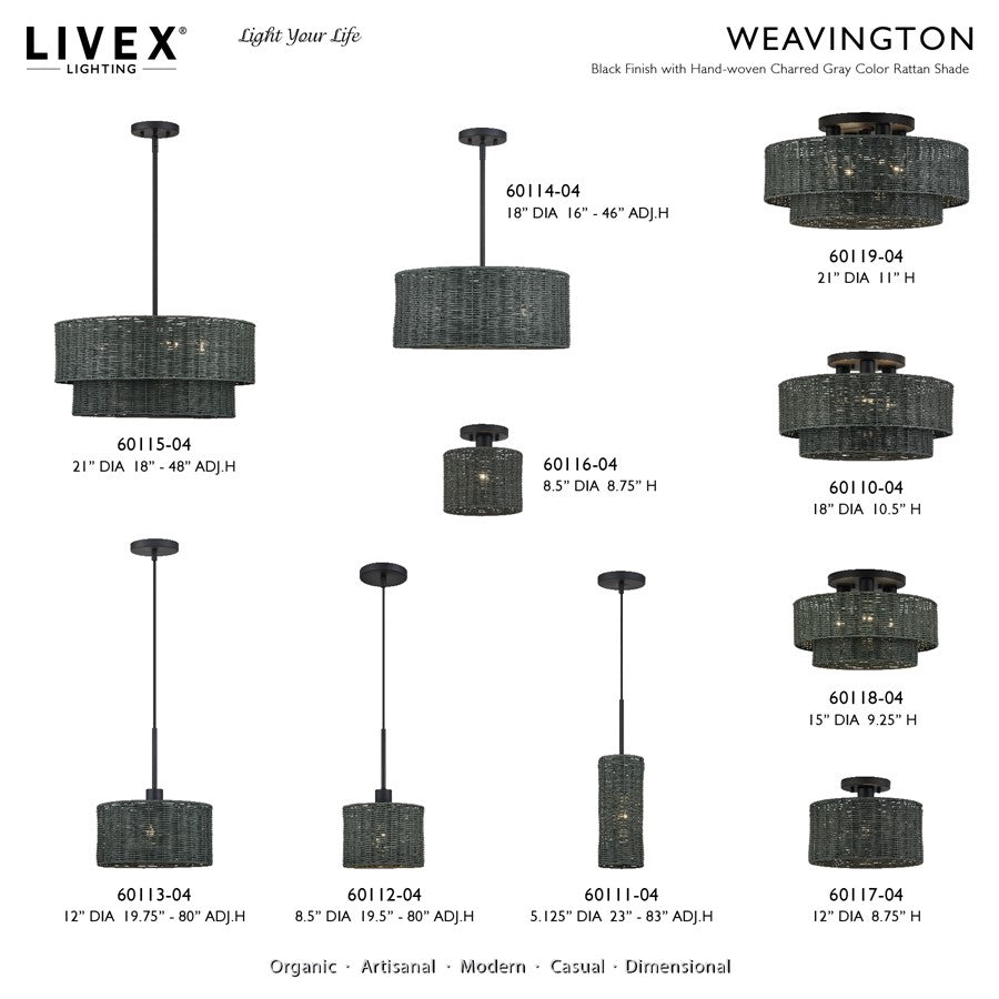 Livex Weavington 3Lt 15" Dia Semi-Flush, Black/Charred Gray