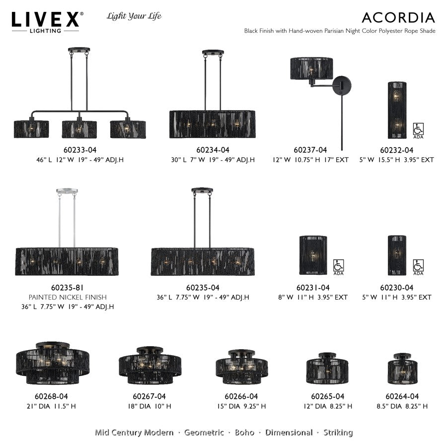 Livex Acordia 2Lt ADA Sconce, Black/Parisian Night Polyester Rope
