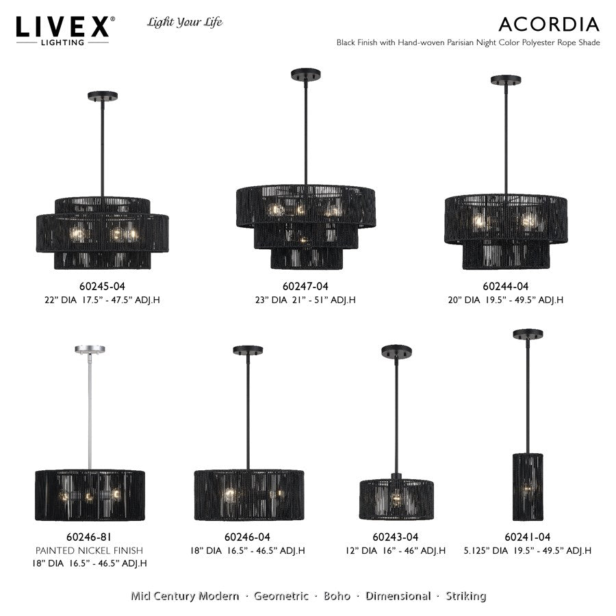 Livex Acordia 1Lt Pendant, Black/Parisian Night Color Polyester Rope