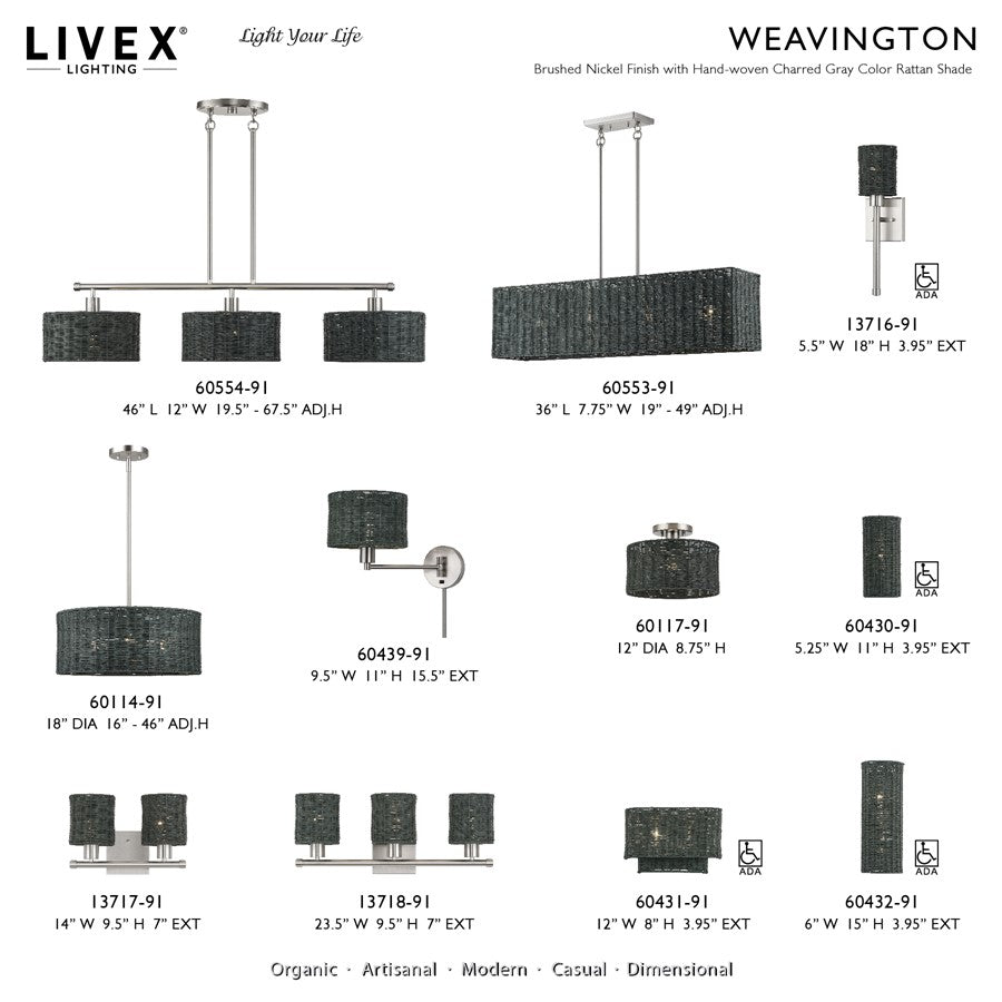 Livex Weavington 1Lt ADA Sconce, Nickel/Hand-Woven Charred Gray