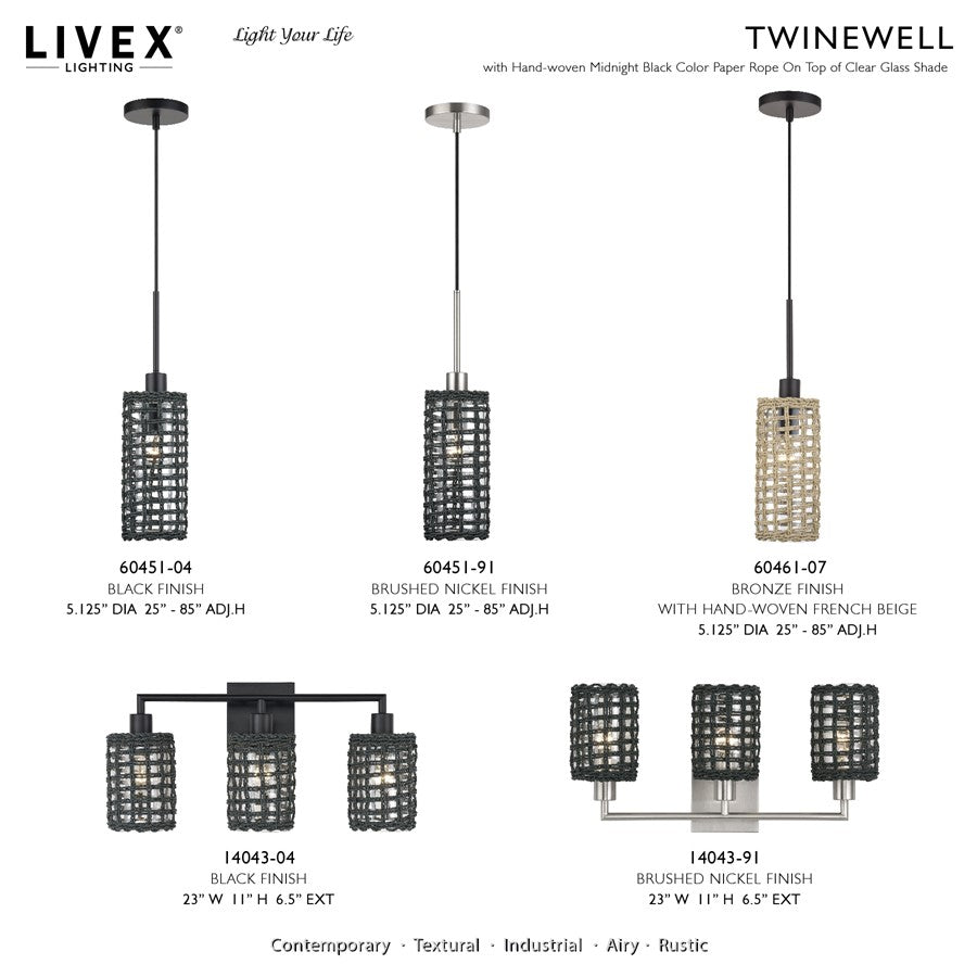 Livex Twinewell 1Lt Mini Pendant, Nickel/Black On Top of Clear Glass