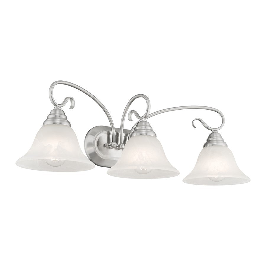 Livex Lighting Coronado 26in 3-Light Bathroom Vanity Light | Transitional Brushed Nickel and White Alabaster Glass | Bathroom Vanity | Model 6103-91