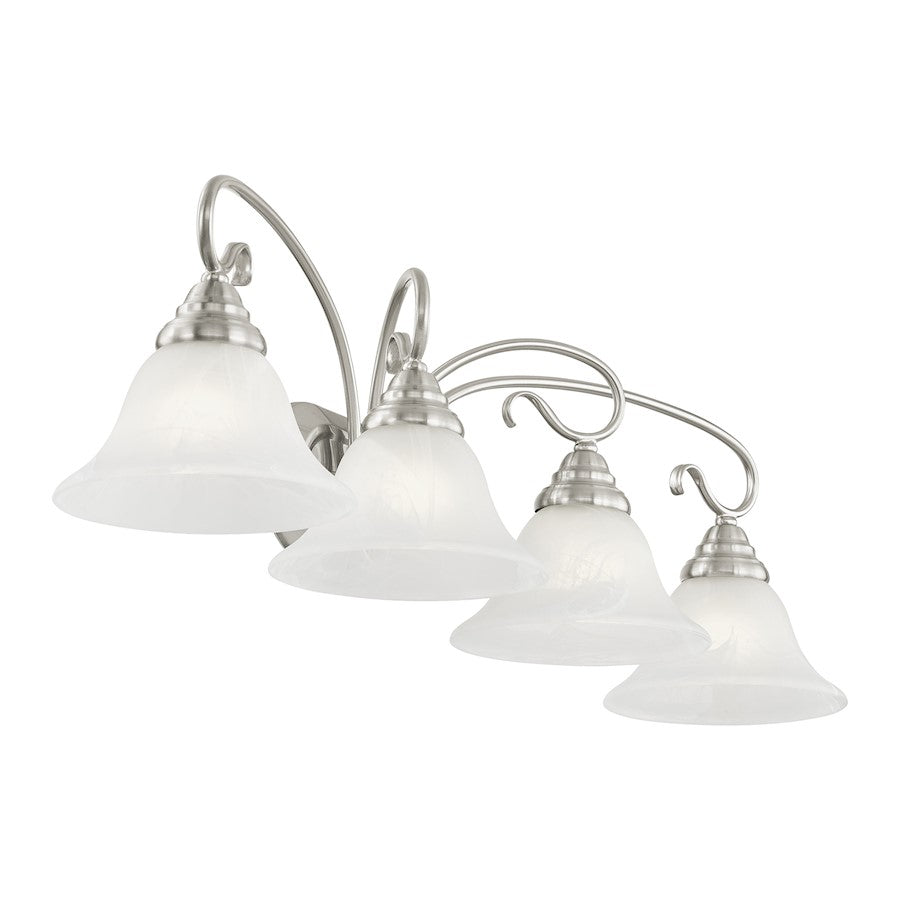 Livex Lighting Coronado 36in 4-Light Bathroom Vanity Light | Transitional Brushed Nickel and White Alabaster Glass | Bathroom Vanity | Model 6104-91