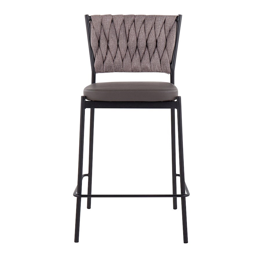 LumiSource Braided Tania Counter Stool Set of 2 | Black Metal, Grey PU & Light Brown Fabric | Kitchen Island | Model B24-BRAIDTANIABKGYLBN2