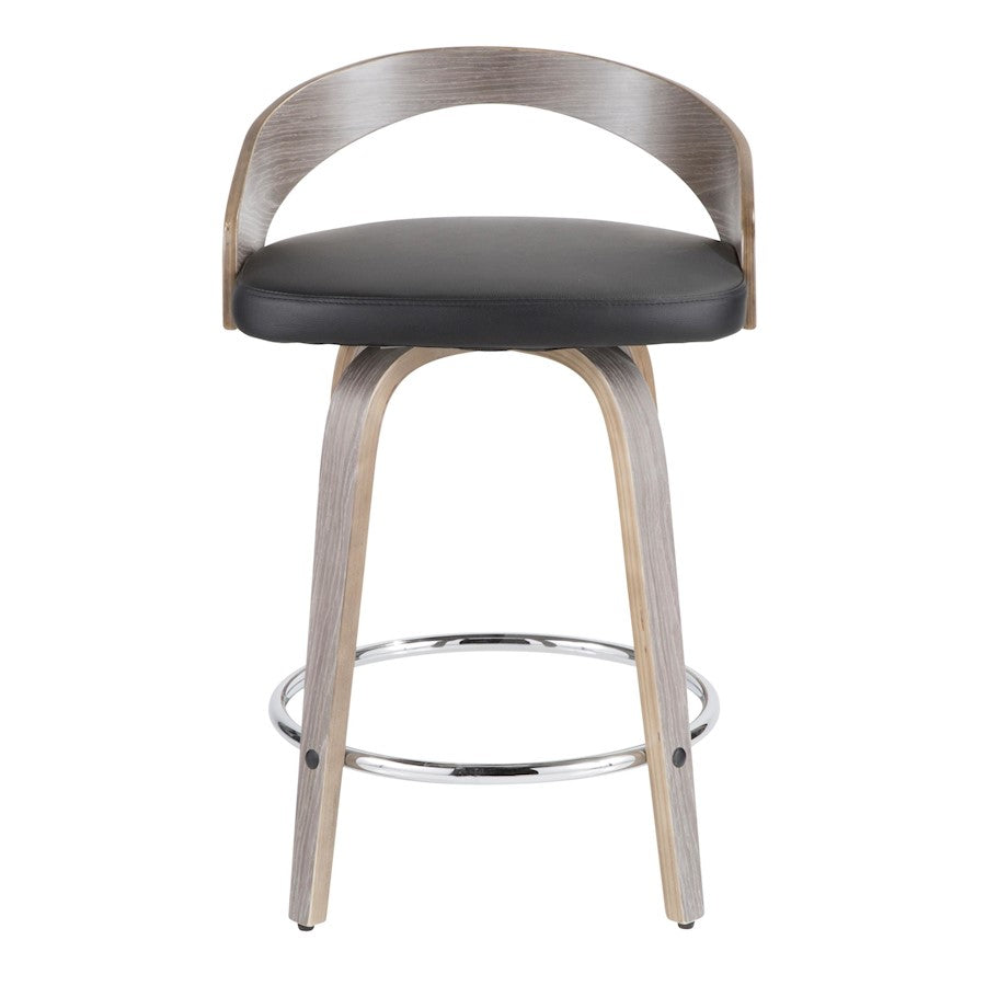 LumiSource Grotto Counter Stool Set of 2 | Mid-Century Light Grey Wood and Black Faux Leather with Chrome | Kitchen | Model B24-GROTTO2-SWVRLGYBK2