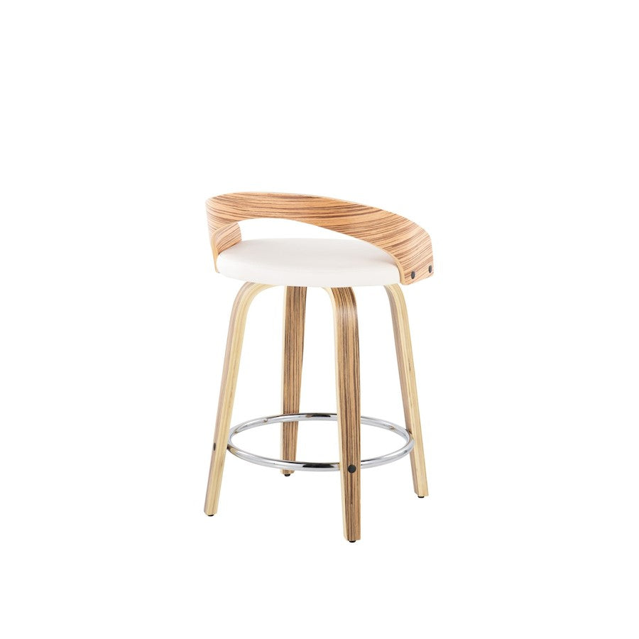 LumiSource Grotto Counter Stool Set of 2 | Mid-Century Zebra Wood and White Faux Leather with Chrome | Kitchen Island | Model B24-GROTTO2-SWVRZBW2