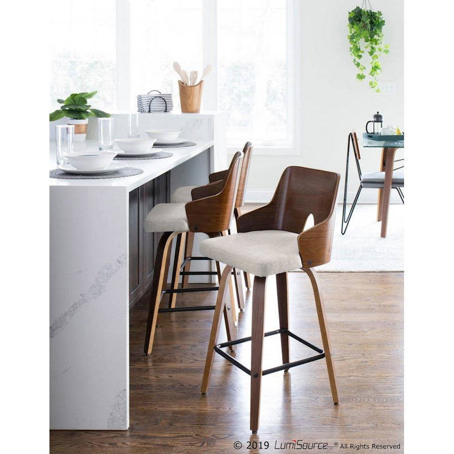 LumiSource Ariana Counter Stool Set/2 | Mid-Century Walnut Wood, Beige Fabric & Black Metal | Kitchen Island & Breakfast | Model B26-ARIA2-SWVXWLBG2