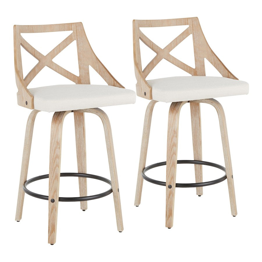 LumiSource Charlotte 19in Counter Stool Set/2 | Farmhouse Whitewashed Wood, Black Metal & Cream Fabric Swivel | Kitchen | Model B26-CHARLOTWWCR2