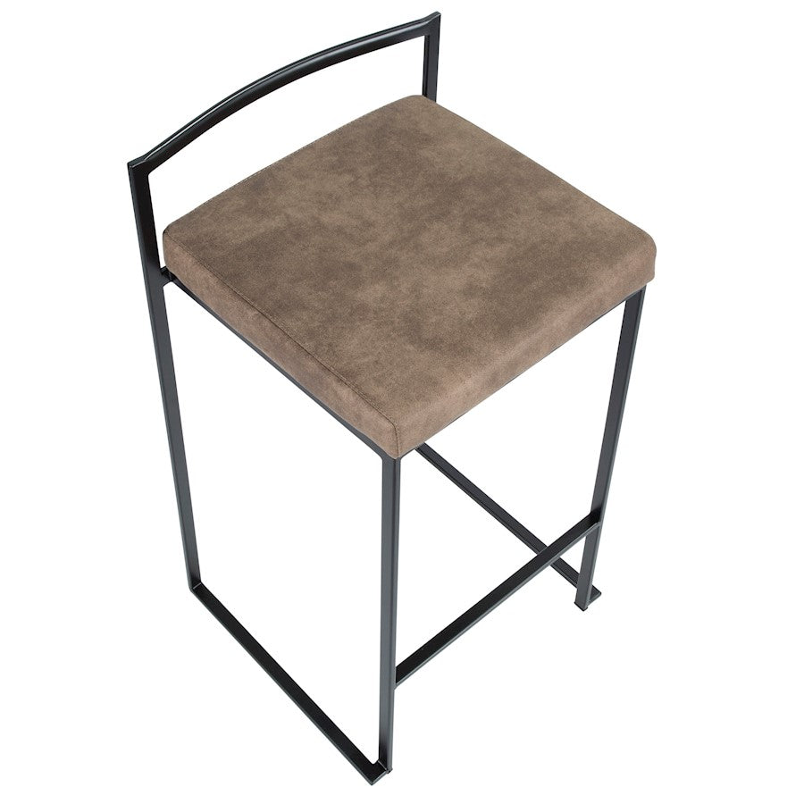 LumiSource Fuji 16in Stackable Counter Stool Set/2 | Contemporary Black Steel and Brown Cowboy Fabric | Kitchen Island | Model B26-FUJIBKFBN2