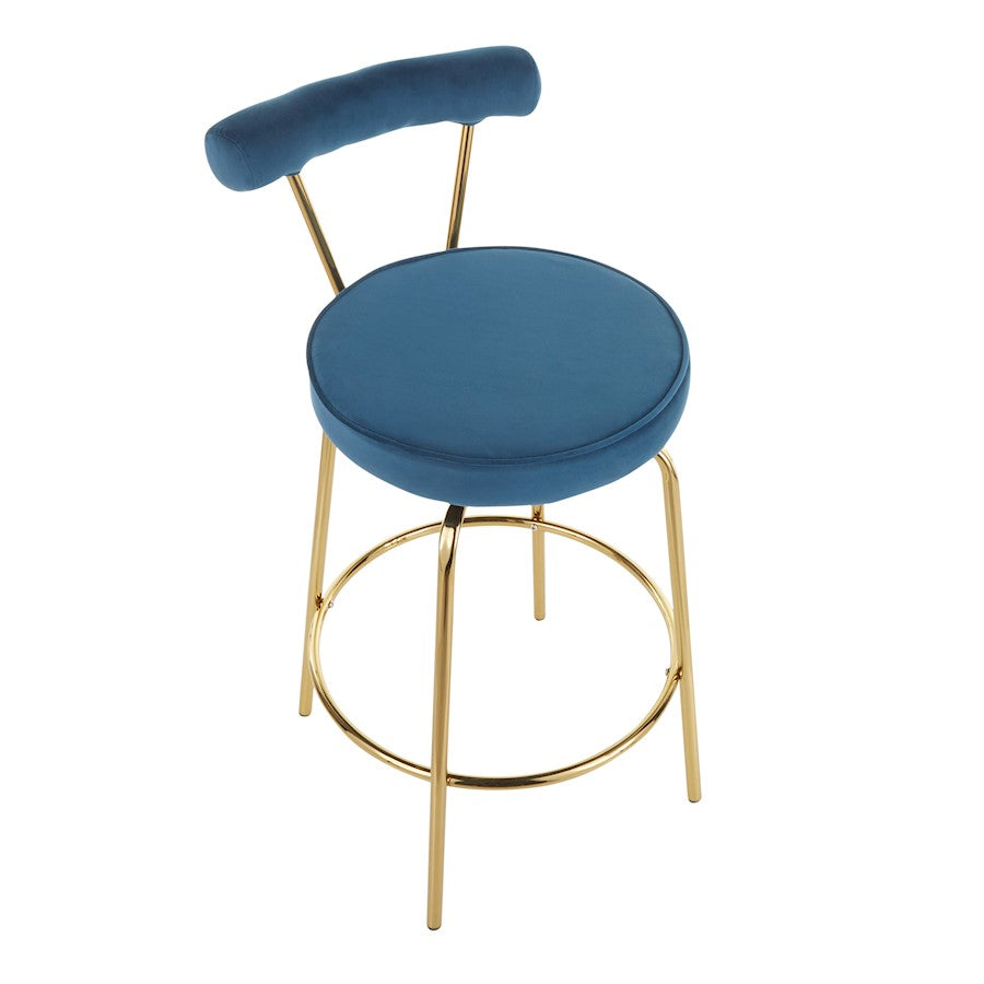 LumiSource Rhonda Counter Stool Set of 2 | Gold Metal & Blue Velvet | Art Deco Glam Kitchen & Bar Seating | 25.5in Seat Height | Model B26-RHONDAAUBU2