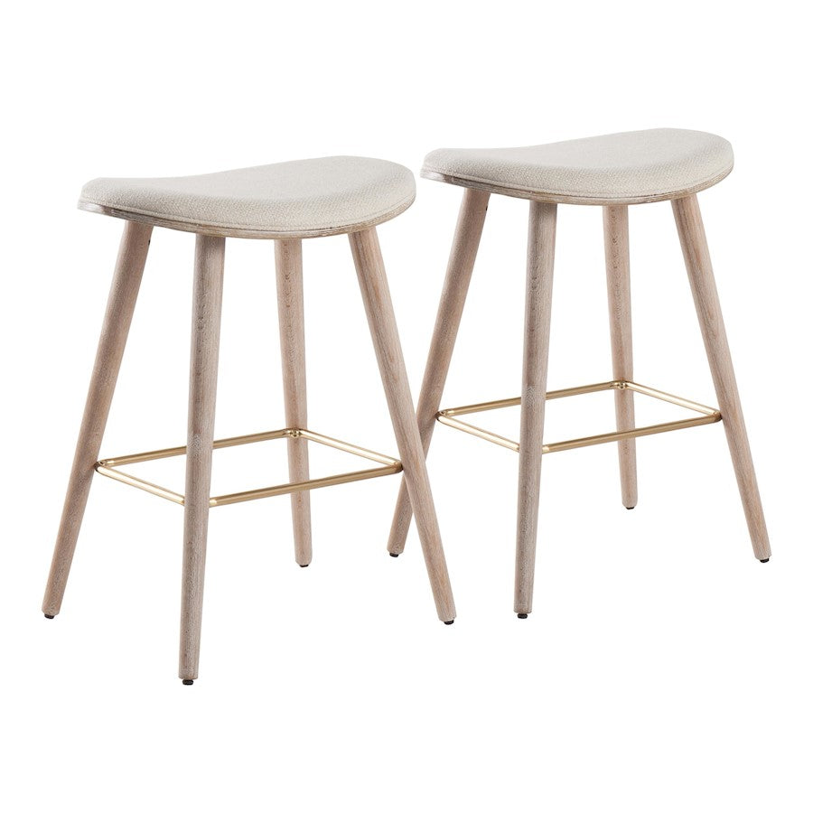 LumiSource Saddle Counter Stool (Set of 2) | Contemporary White Washed Wood, Gold Metal & Cream Fabric | Kitchen Island & Bar | Model B26-SADLWWNCR2