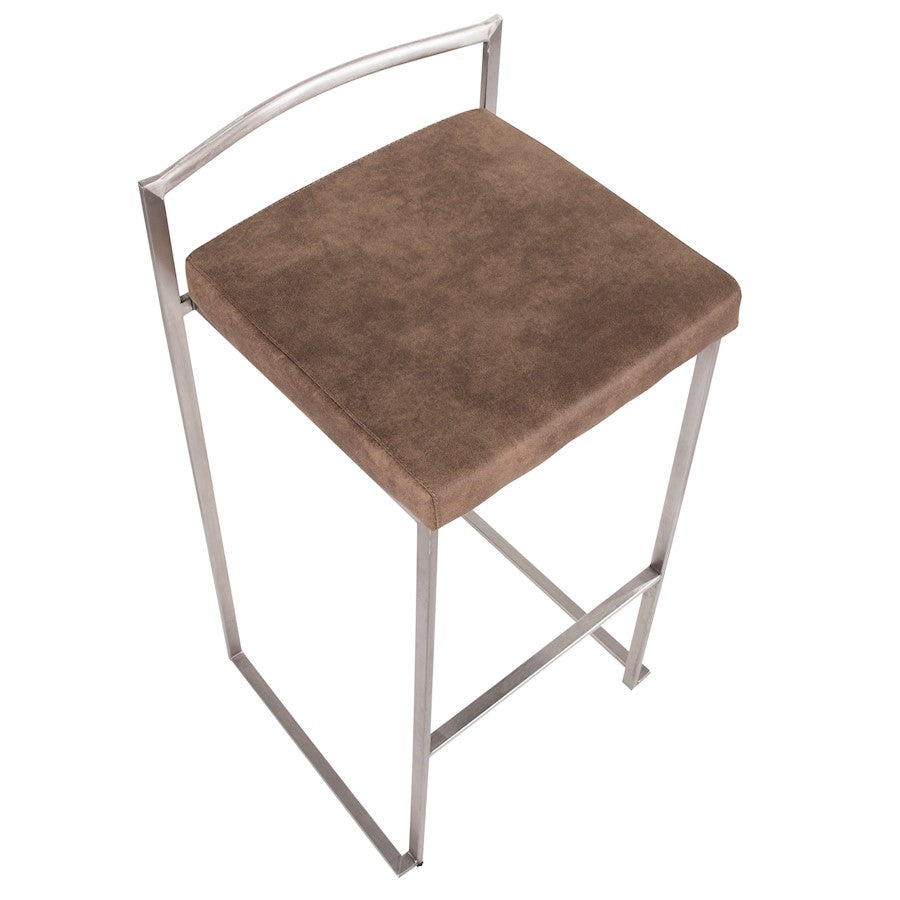 LumiSource Fuji Stackable Barstool Set of 2 | Contemporary Stainless Steel and Brown Cowboy Fabric | Kitchen Island & Home Bar | Model B30-FUJIFBN2