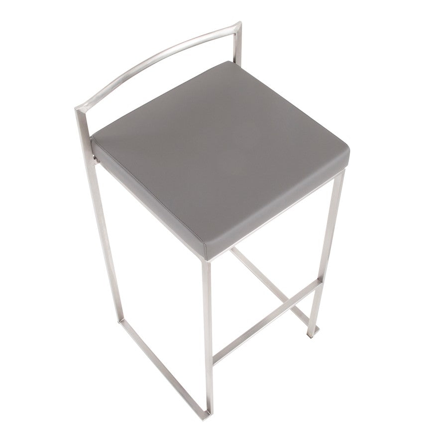 LumiSource Fuji Stackable Barstool Set of 2 | Contemporary Stainless Steel and Grey PU | Kitchen Island & Home Bar Seating | Model B30-FUJIGY2