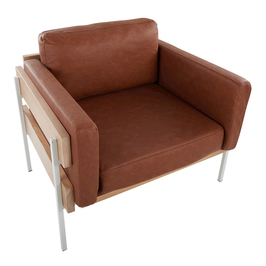 LumiSource Kari Accent Chair | Farmhouse White Metal, Natural Wood, Camel PU | Living Room & Reading Nook | 36 x 30 x 30 in | Model CHR-KARIPU2WNACAM