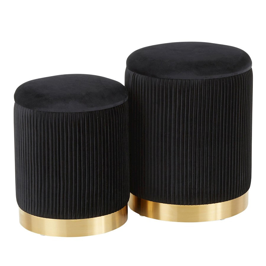 LumiSource Marla Nesting Ottoman Set | Black Velvet & Gold Metal | Living Room & Bedroom Seating | 14 x 14 x 17.75 in | Model OT-MARLAPLTVBK
