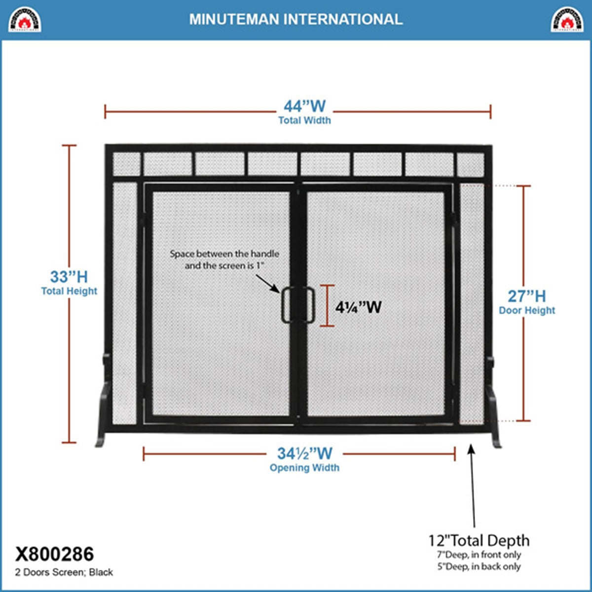 Minuteman International X800286 44in Wrought Iron Fireplace Screen | Mission-Style Black Finish | Living Room & Hearth Safety | Model X800286