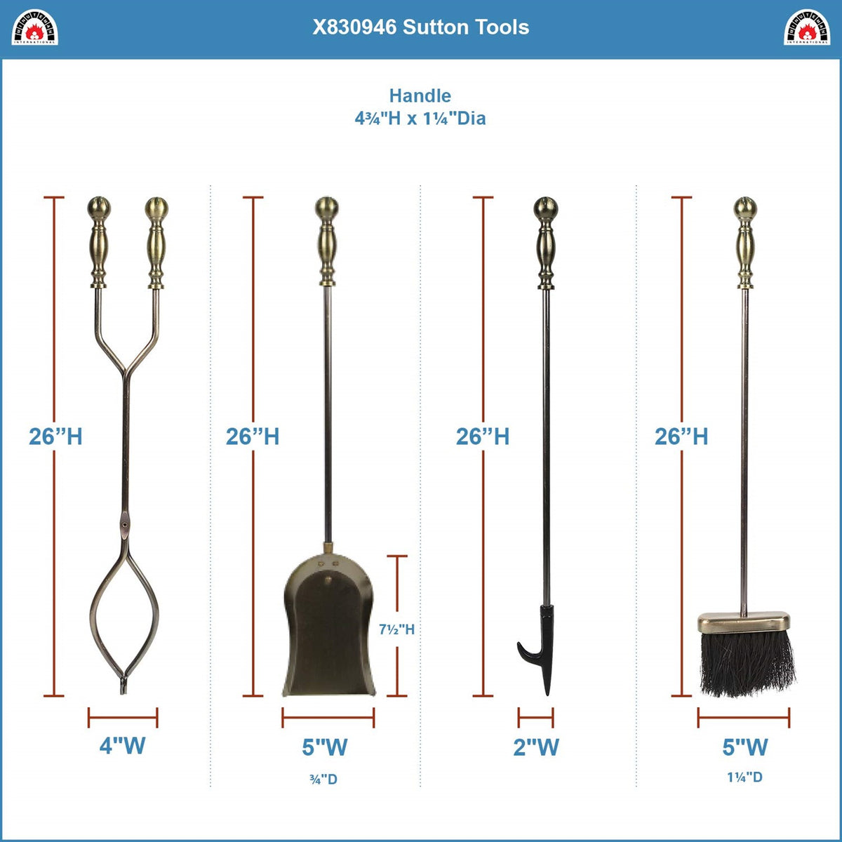 Minuteman International Antique Brass 4-Tool Fire Set | Traditional Iron Fireplace Tools | Hearth & Living Room | 8 x 8 x 30 in | Model X830946