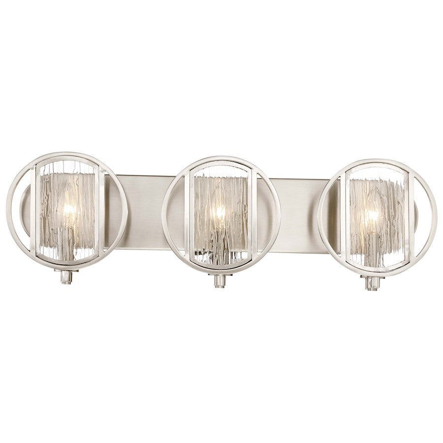Minka Lavery Via Capri 25in 3-Light Bathroom Vanity Light | Contemporary Brushed Nickel and Clear Wood Grain Water Glass | Bathroom | Model 3063-84