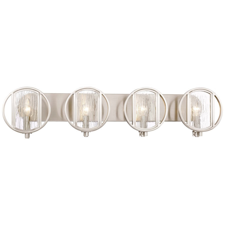 Minka Lavery Via Capri 34in 4-Light Bathroom Vanity Light | Contemporary Brushed Nickel and Clear Wood Grain Water Glass | Bathroom | Model 3064-84