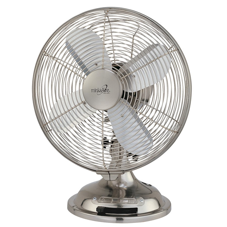 Minka Aire Retro II 12in Table Fan | Brushed Nickel Traditional | Home Office & Bedroom Desk | 12 x 12 x 15 in | Model F310-BN