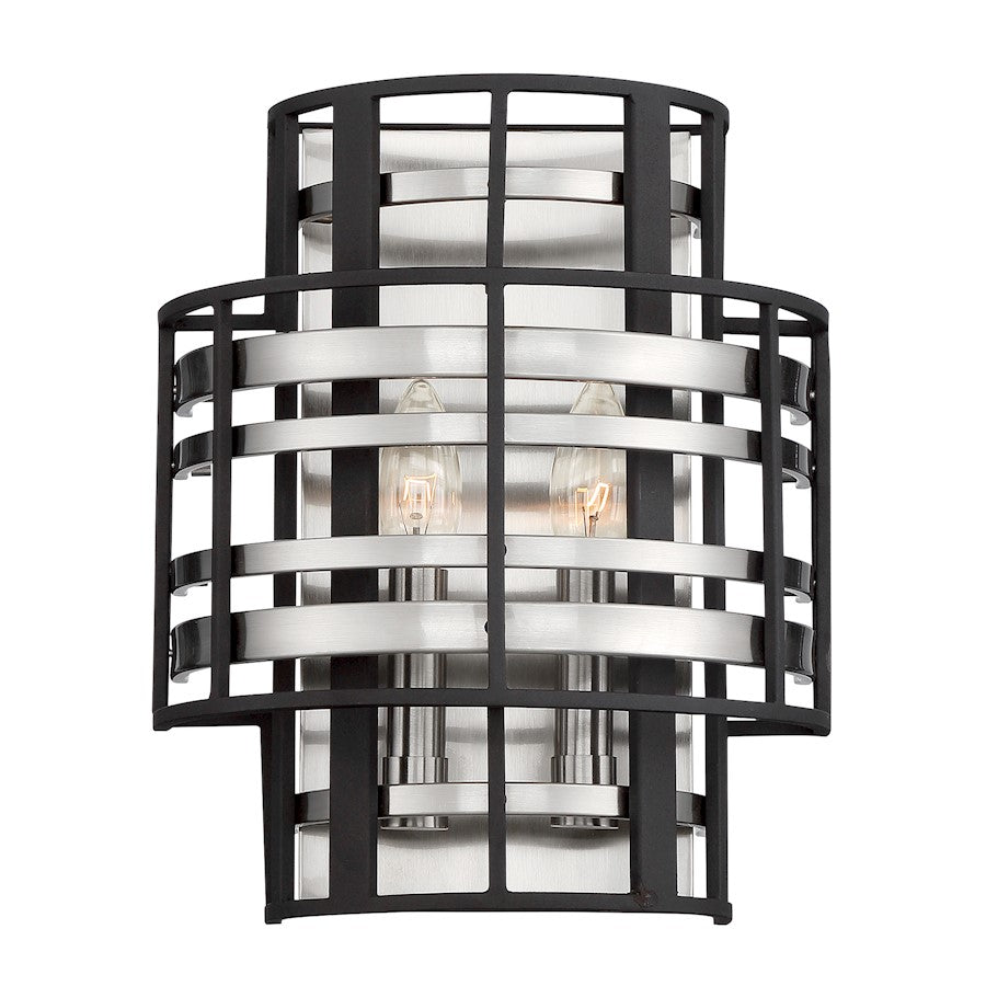 Minka Metropolitan Presten 10in 2-Light Wall Sconce | Brushed Nickel and Sand Coal | Hallway & Bedroom Accent | 10 x 6 x 12 in | Model N7982-420