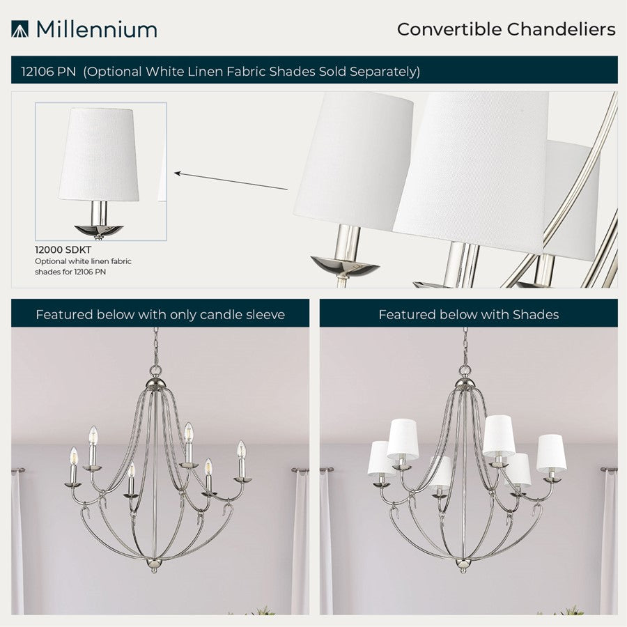 Millennium Lighting Eisley 6Lt Chandelier, Polished Nickel