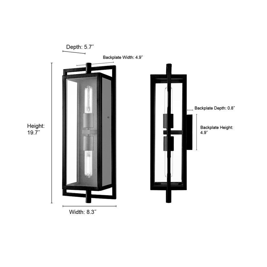 Millennium Lighting Rankin 2Lt Outdoor Wall Sconce, Black/Clear