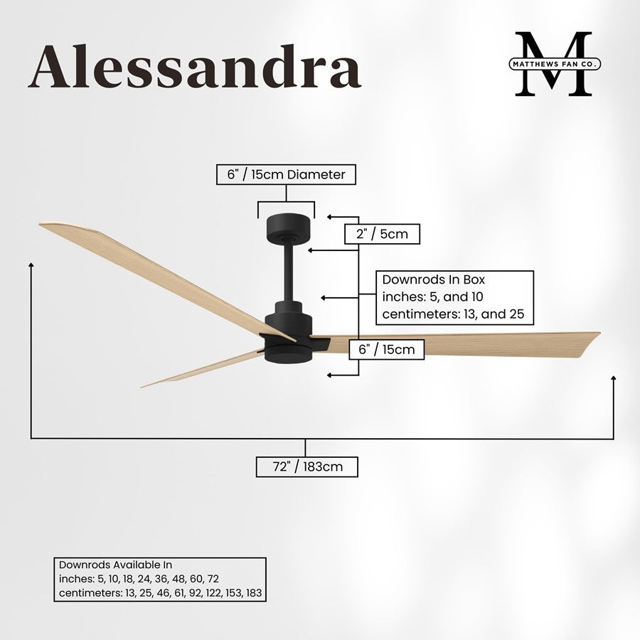 Matthews Fan Alessandra 72in 3-Blade Ceiling Fan | Transitional Matte Black and Light Maple ABS | Outdoor Patio & Covered Porch | Model AK-BK-LM-72