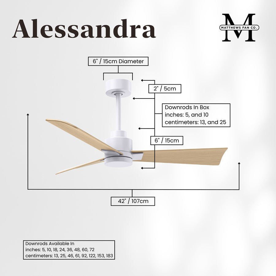 Matthews Fans Alessandra 42in 3-Blade Ceiling Fan | Transitional Matte White and Light Maple ABS Blades | Covered Patio & Open | Model AK-MWH-LM-42