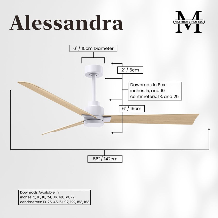 Matthews Fans Alessandra 56in 3-Blade Ceiling Fan | Transitional Matte White and Light Maple ABS Blades | Covered Patio & Open | Model AK-MWH-LM-56
