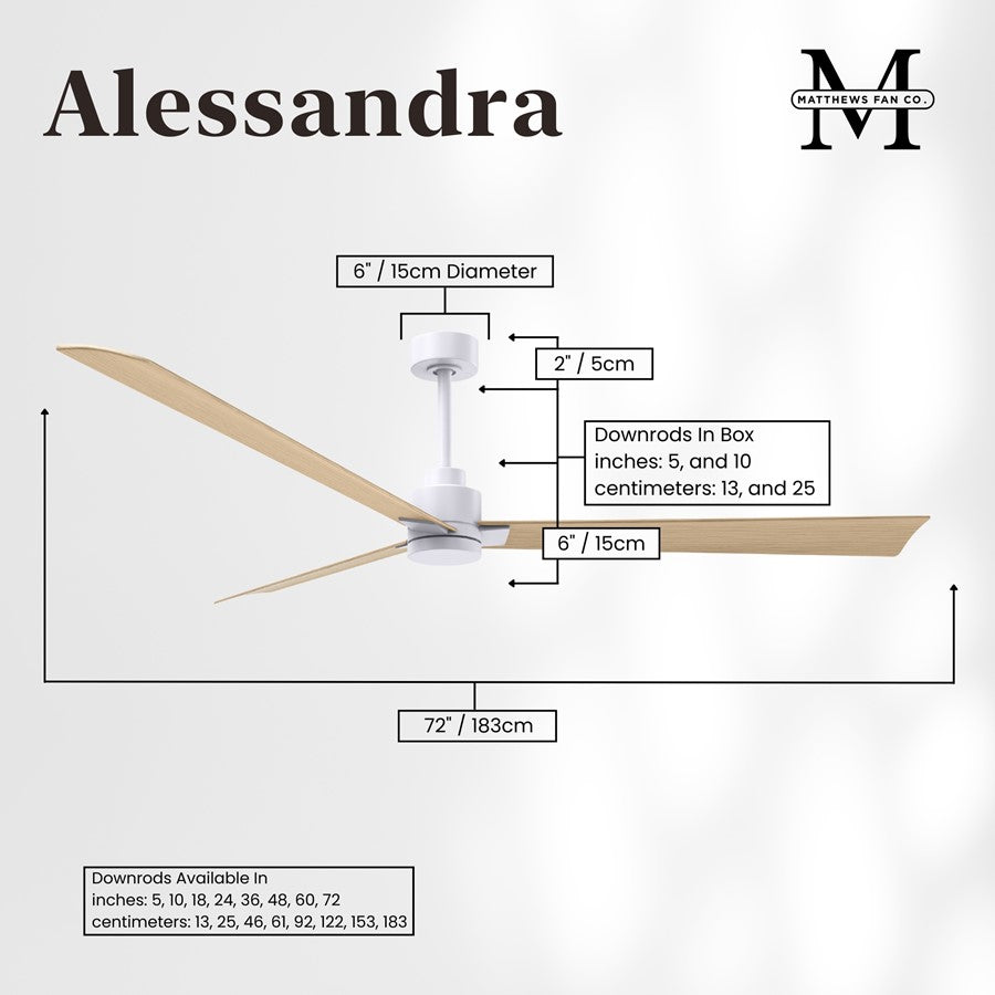 Matthews Fans Alessandra 72in 3-Blade Ceiling Fan | Transitional Matte White and Light Maple ABS Blades | Covered Patio & Open | Model AK-MWH-LM-72