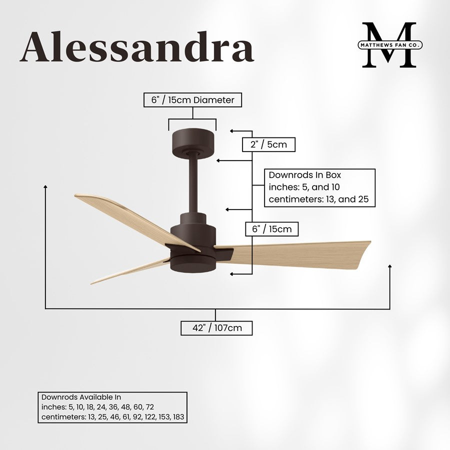 Matthews Fans Alessandra 42in 3-Blade Ceiling Fan | Transitional Textured Bronze and Light Maple ABS | Bedroom & Covered Patio | Model AK-TB-LM-42